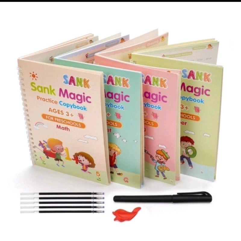 

4 pcs sank magic book/buku belajar menulis anak/buku angka huruf buku edukasi