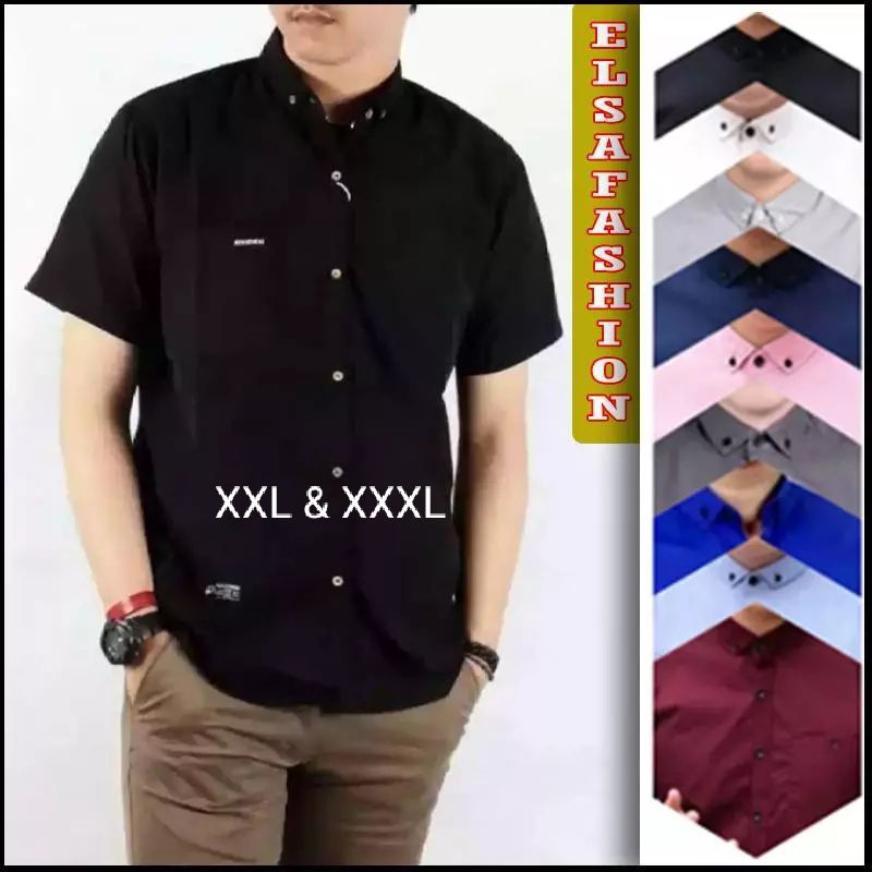 HEM Kemeja Polos Pria Kasual Lengan PENDEK JUMBO Size XXL & XXXL
