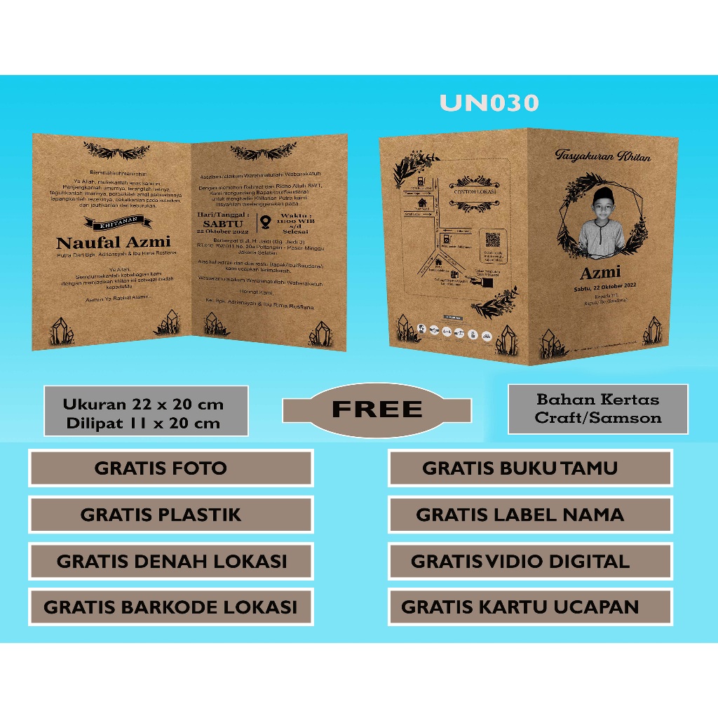 undangan khitan undangan sunat bahan kraft/samson unik kekinian min 100 pcs