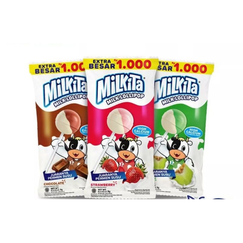 

Milkita permen lolipop dengan rasa coklat, melon, strawbery