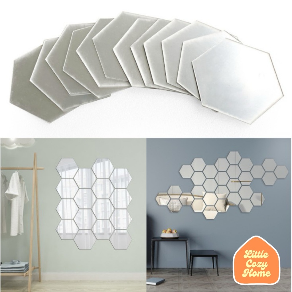 1Pcs Mirror Wall Sticker Hexagon / Stiker Wallpaper Dekorasi Design Vinyl Cermin Mirror Hexagonal Motif Honeycomb Lepas Pasang Dekor Rumah Kaca Aesthetic