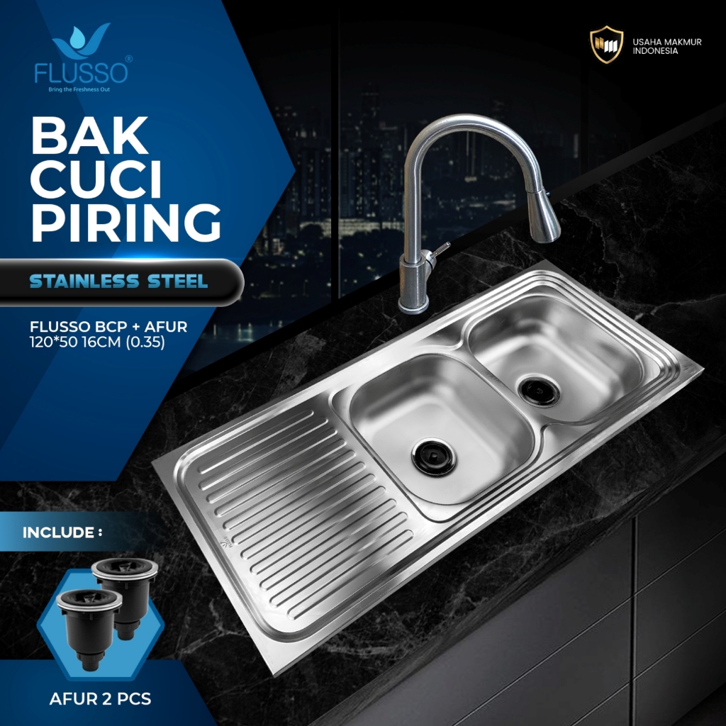 FLUSSO BAK CUCI PIRING | BCP 2 Lubang Stainless Tebal | Bak Cuci Piring GRATIS Afur / Saringan