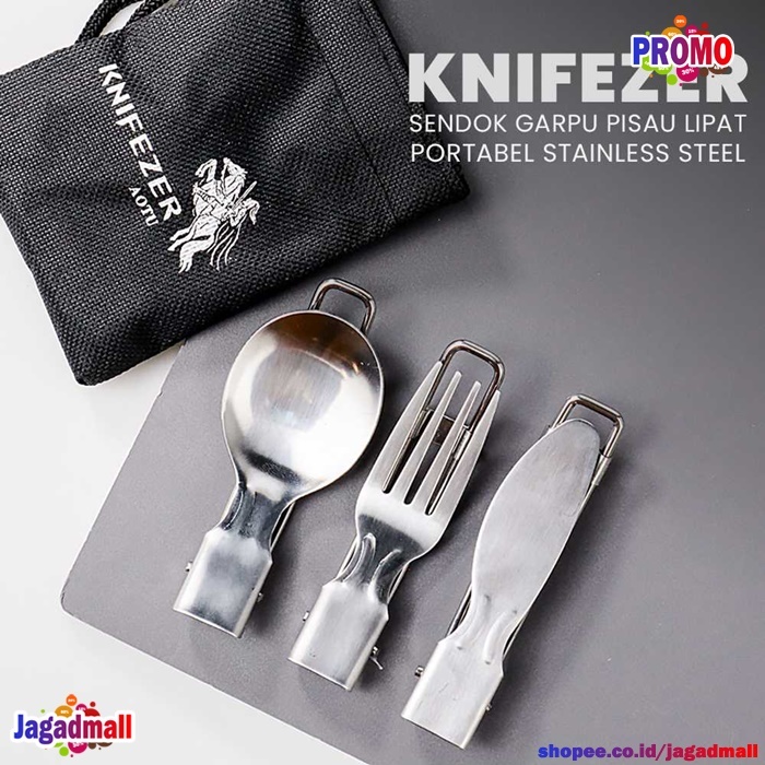 Set Alat Makan Unik Portabel Sendok Garpu Pisau Lipat Stainless Steel Portable Cutlery + Pouch Kecil