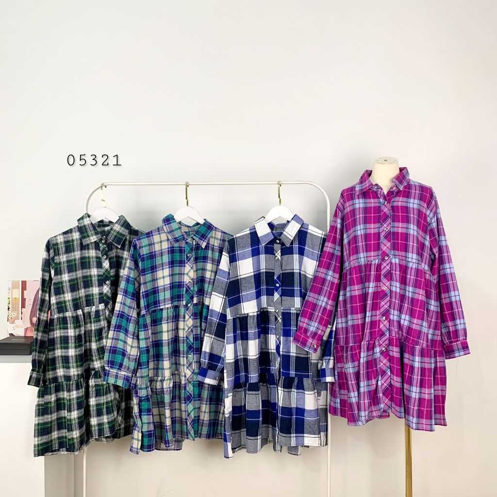 TUNIK WANITA MOTIF KOTAK KOTAK VARIASI RUMPLE DUA TINGKAT FULL KANCING DEPAN LENGAN PANJANG PREMIUM 