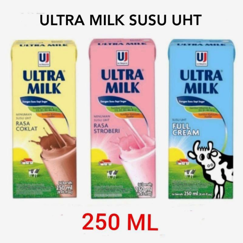 

Susu Ultra Milk 200ml / 250ml ( SATUAN ) | Ultra Full Cream / Coklat / Stroberi ECER