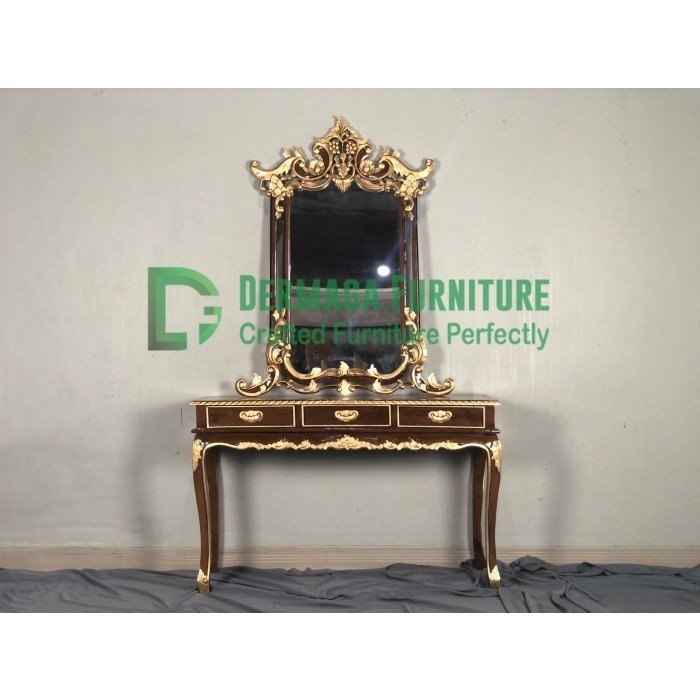 PRE ORDER MEJA KONSUL LACI 3 UKIR PIGURA CERMIN KAYU JATI FINISHING SIAP PAKAI RIAS KONSOL MEWAH DEK