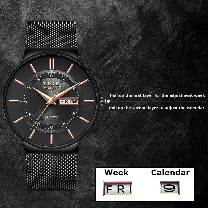 exclusive lige jam tangan mewah pria jam tangan kuarsa kasual tali baja pria jam tanggal ultra tipis