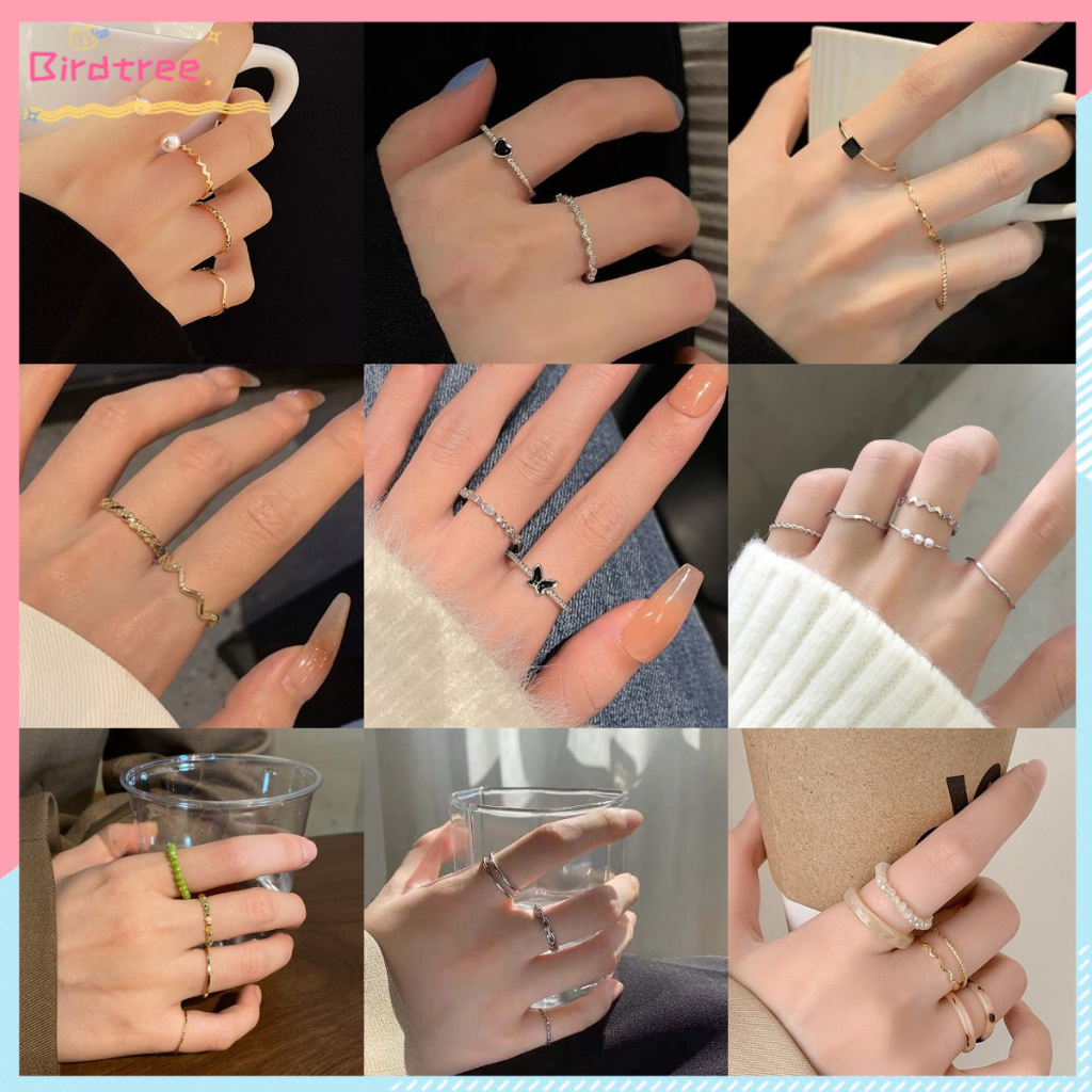 Set Cincin Titanium Wanita Korea Cincin Hitam Anti Karat dan Anti Luntur Hati Cinta Gaya Aksesoris F