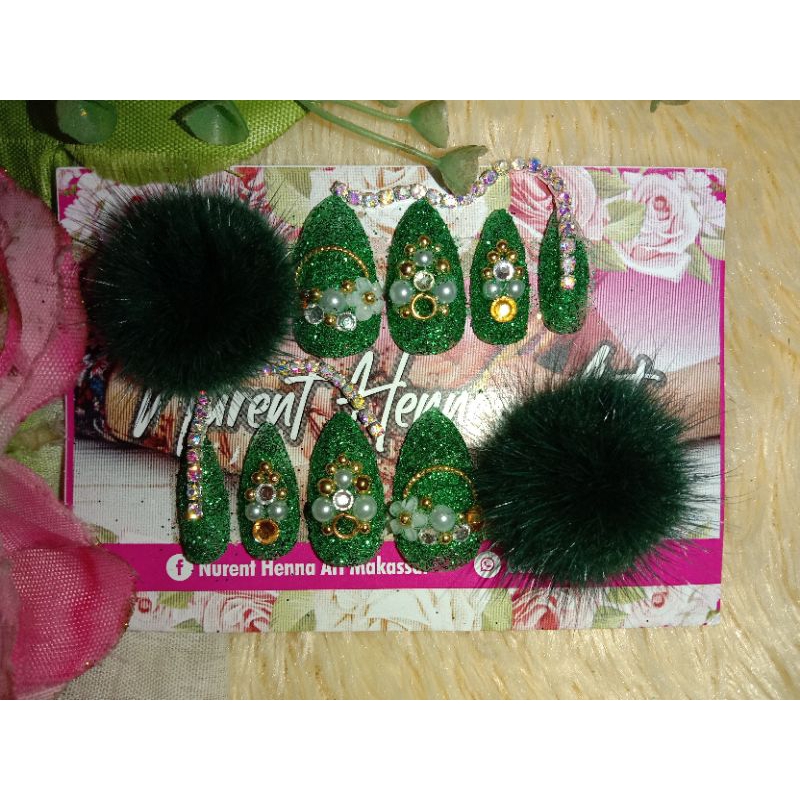 kuku palsu hijau botol / datu / kuku pengantin / kuku wedding / kuku pompom / 10pcs free lem gel