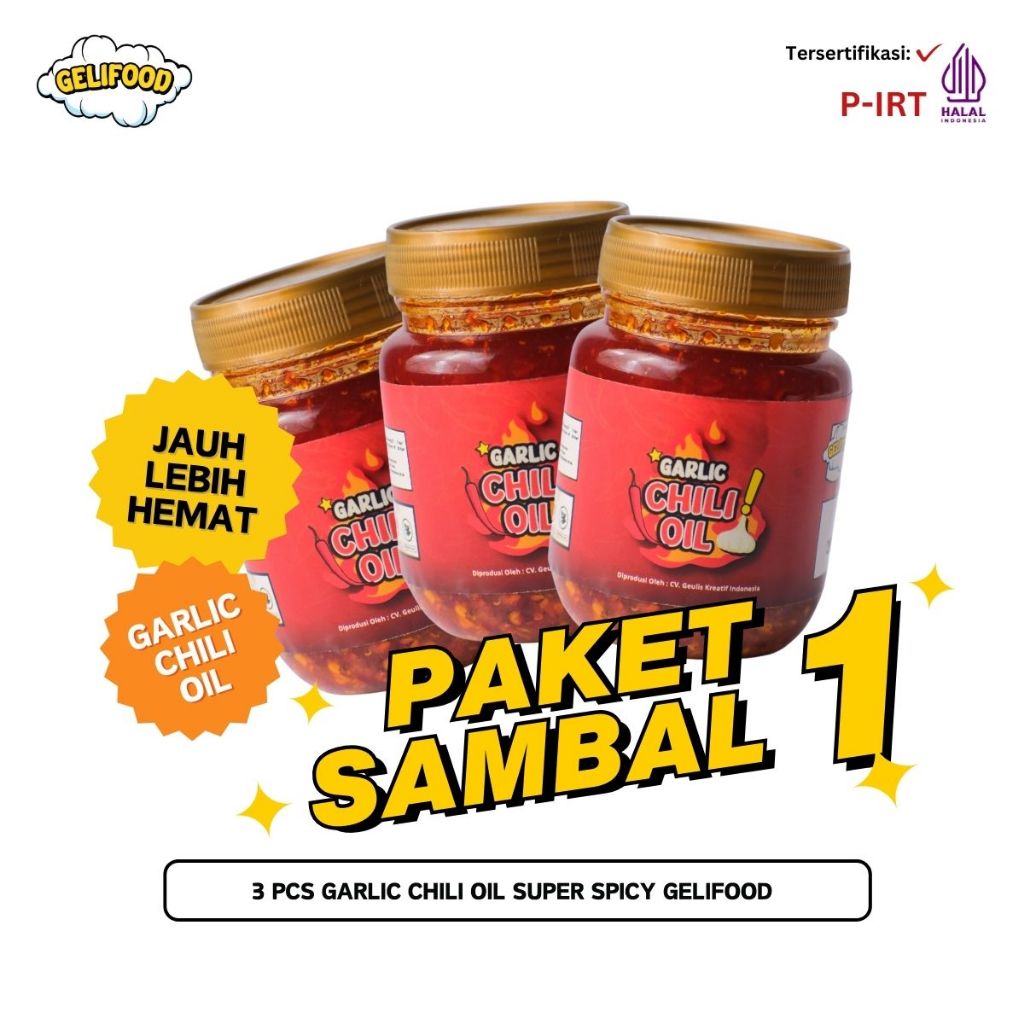 

Geli Food - Paket Kombo 3 Garlic Chilli Oil Sambal Serbaguna Super Pedas dan Gurih 600 gram