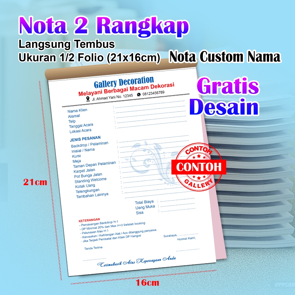 

Nota 2 ply Nota Rangkap 1/2 Folio Nota Toko Custom Cetak Nota nama Usaha sendiri