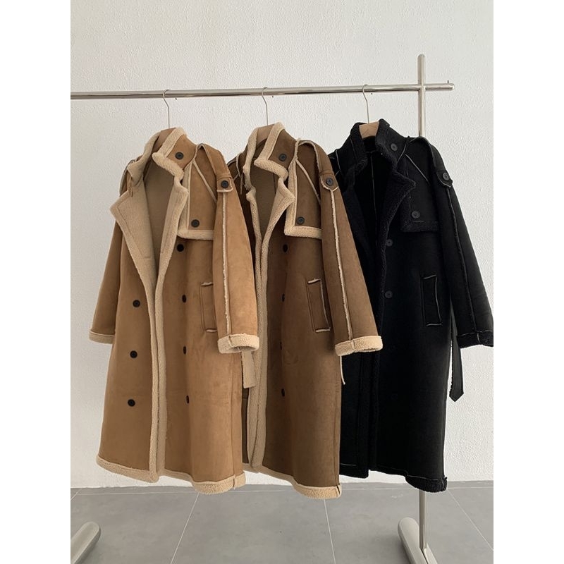 Jaket Wol Domba Suede | Jaket kulit | Jaket Empuk Panjang Wanita Ditambah Mantel All-in-One Bulu Teb