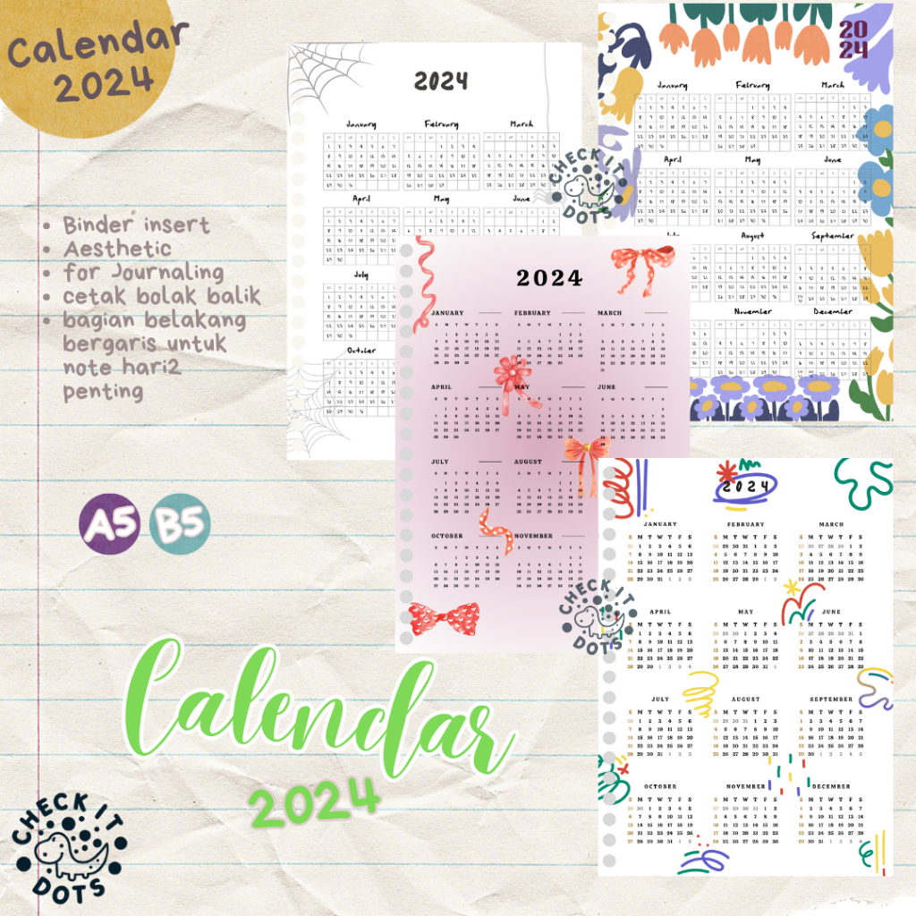 

checkitdots• CALENDAR 2024 AESTHETIC PRINT CETAK ISI BINDER LOOSE LEAF A5 B5 JOURNALING RECAP PLANNER