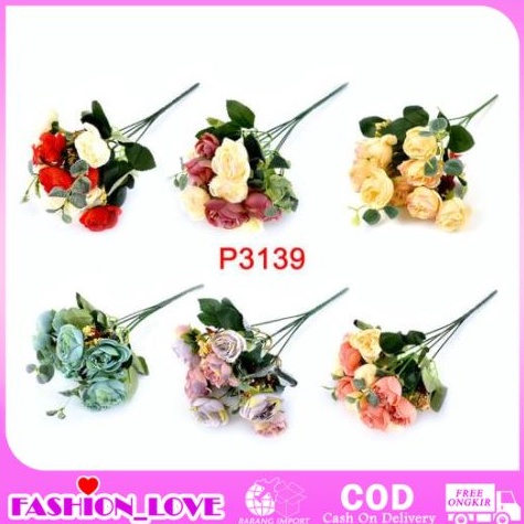 MURAH LEBAY HMPU 1 KILO ISI 28PCS Bunga Mawar Dekorasi Bahan Plastik 1 Buket 5 Kuntum BungaP3139