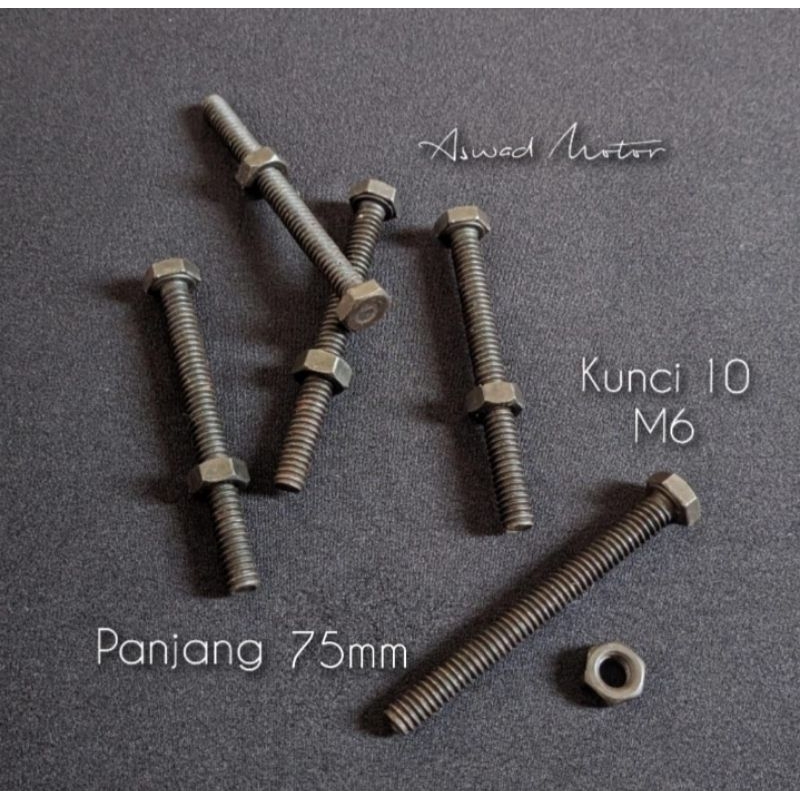 Baut Drat Kasar K10 M6x75mm / Baut 10 Drat Kasar panjang 7,5cm / Baut Kasar Kunci 10 M6x75cm / Baut 