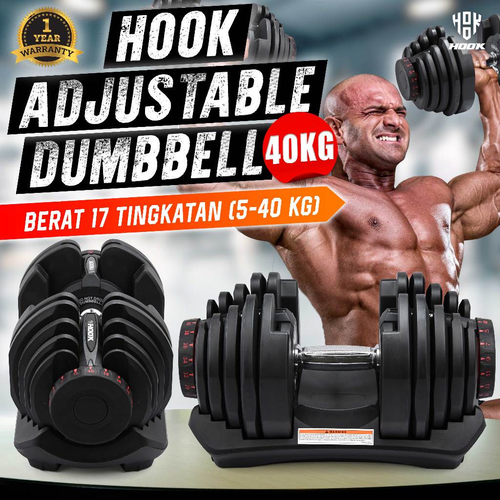 Hook Adjustable Dumbell Set 40kg Barbel Alat Fitnes Home Gym Dumble Alat Gym Dumbbell Barble Angkat Beban Burbel