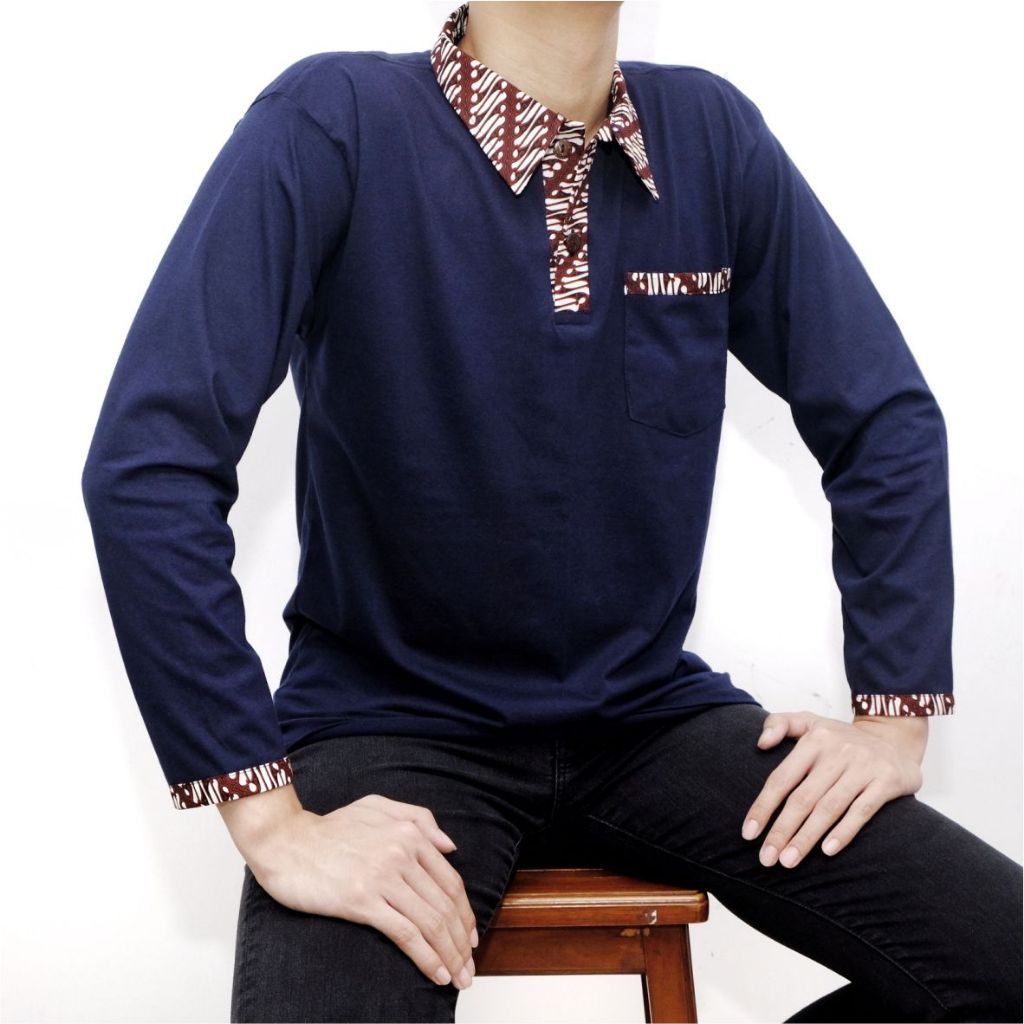 Kaos Krah Polo Batik Pria Lengan Panjang Warna Biru Donker Navy Premium Sari