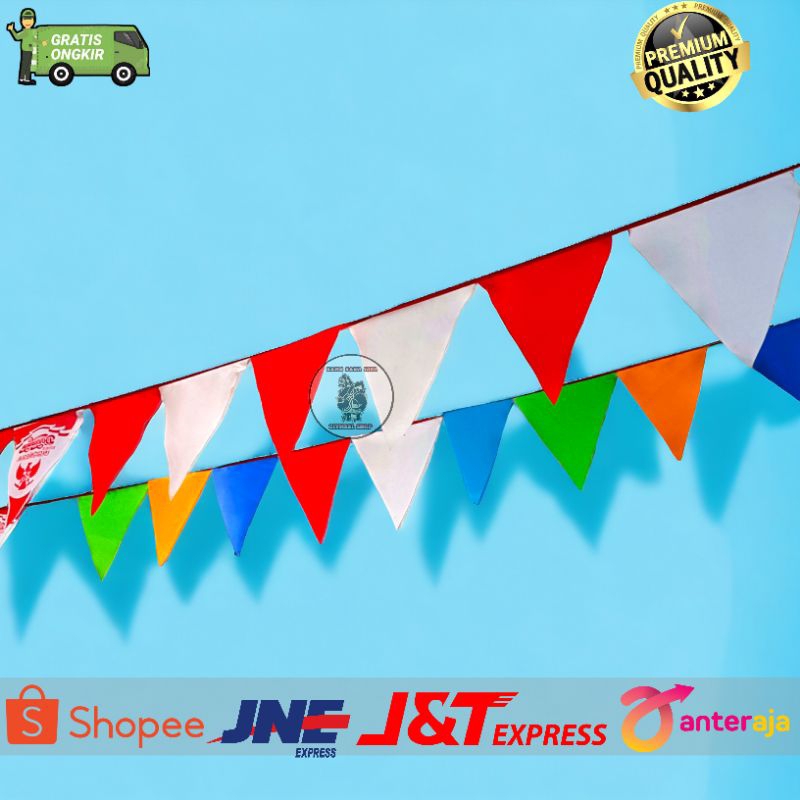 TERMURAH  BENDERA SEGITIGA MERAH PUTIH BENDERA SEGITIGA RENTENG MERAH PUTIH & WARNA WARNI 5 METER / 