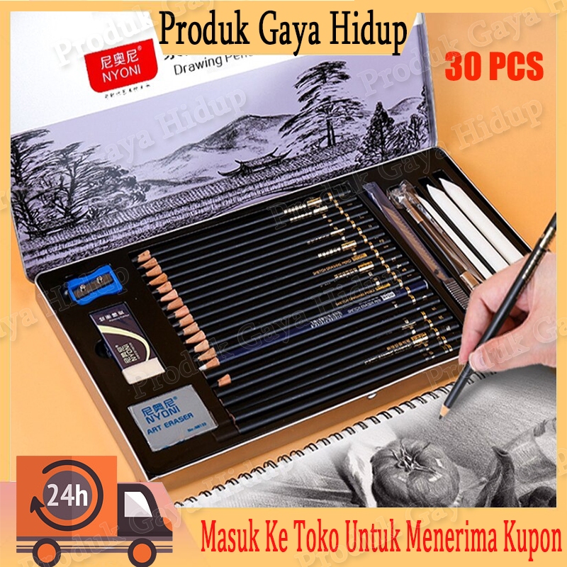 

[NYONI]Drawing Pencil Set/Sketch Pencil Set Beginner Sketch Set 30 Piece Set Professional Drawing Pencil Iron Box/Pensil arang, penghapus, kotak pena, pena kertas, spons, pena, set pisau