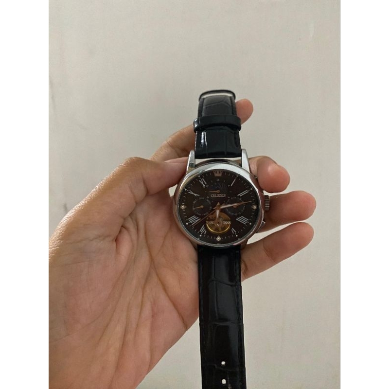 Jam Tangan Pria Olevs Kulit Automatic Anti Air Hitam