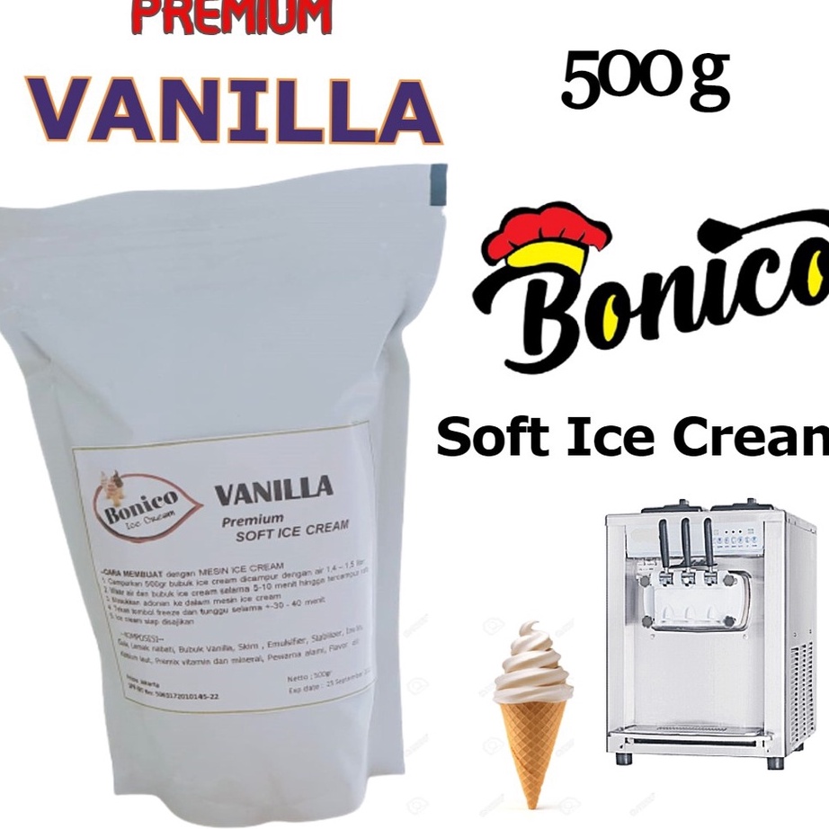 

BPVK327 Free Ongkir BONICO VANILLA SOFT ICE CREAM POWDER 5gr PREMIUM RESTO premix tepung serbuk bubuk es krim mesin lembut VANILA soft mx serve grosir distributor produsen halal
