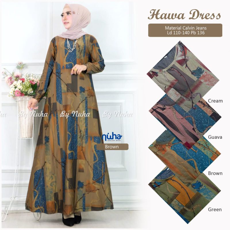 Gamis Wanita Hawa Dress Jumbo XXL-XXXXL Gamis Printing Motif Batik Terbaru Bahan Calvin Jeans Ori So