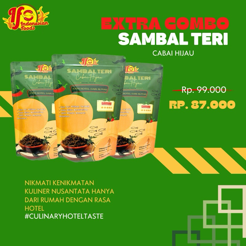 

Sambal teri Cabai Hijau Triple combo ( 3pcs teri 150g )