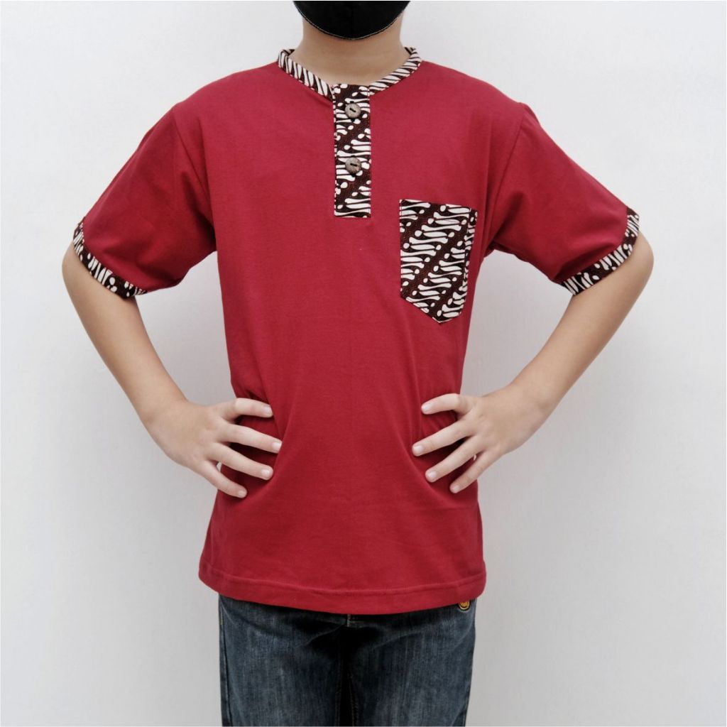Baju Koko Variasi Batik Lengan Pendek Anak Laki-laki Warna Merah Maroon Premium Sari
