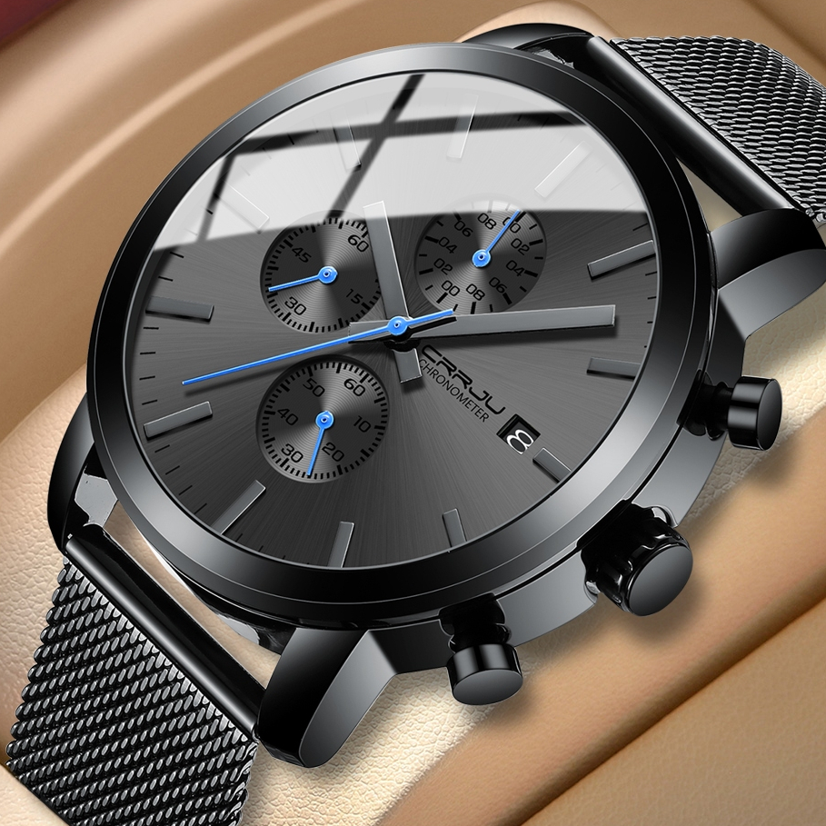 Jam Tangan Pria CRRJU Bisnis Mewah Pria Stainless Steel Jam Tangan Pria Militer Tahan Air Tanggal Ku