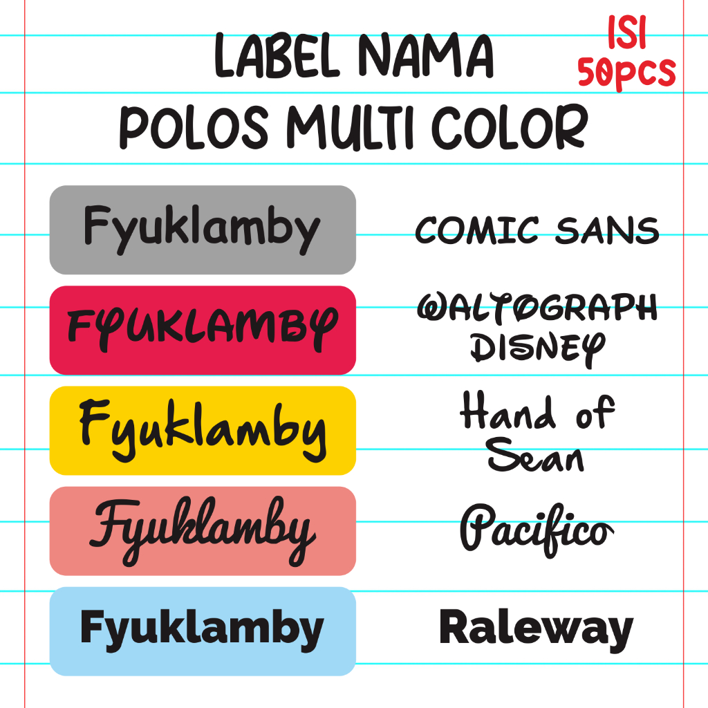 

SABLON DTF STIKER LABEL NAMA POLOS DAN BERWARNA PER 50 PCS BEBAS FONT UNTUK KAIN KAOS HIJAB TAS CELANA