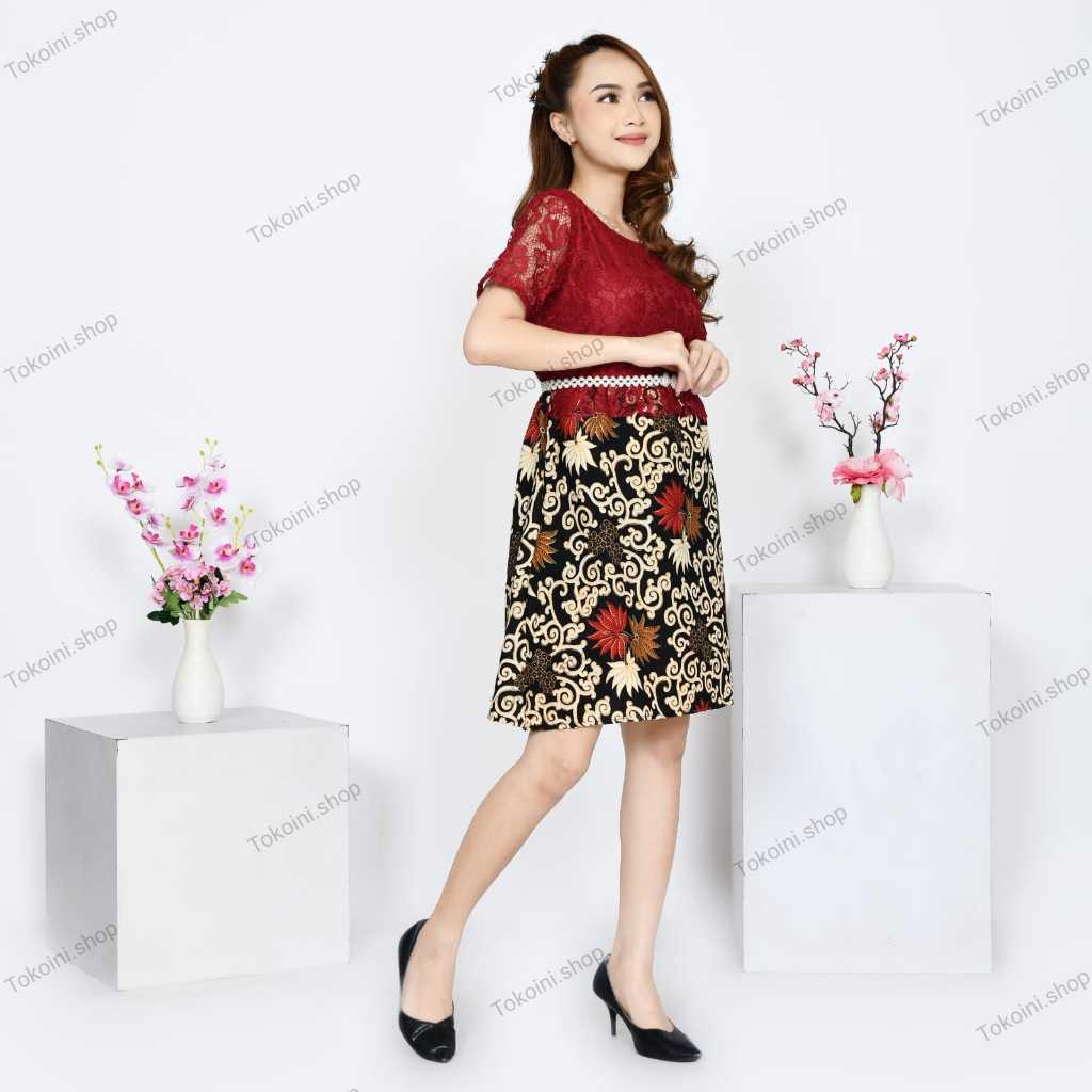 Dress Batik Mewah Brokat Kekinian Ukuran M L XL Midi Dres Batik Wanita Modern Baju Pesta Kondangan W
