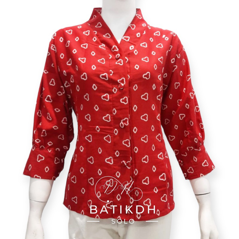 Atasan Blouse Batik Wanita Warna Merah Full Kancing Depan Lengan Panjang Bahan Katun Jumputan Handma