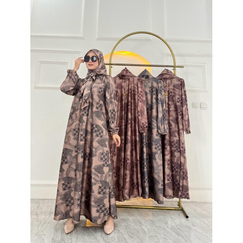 Gamis Armany silk brown digital motif ETNIK MAYUNG set hijab