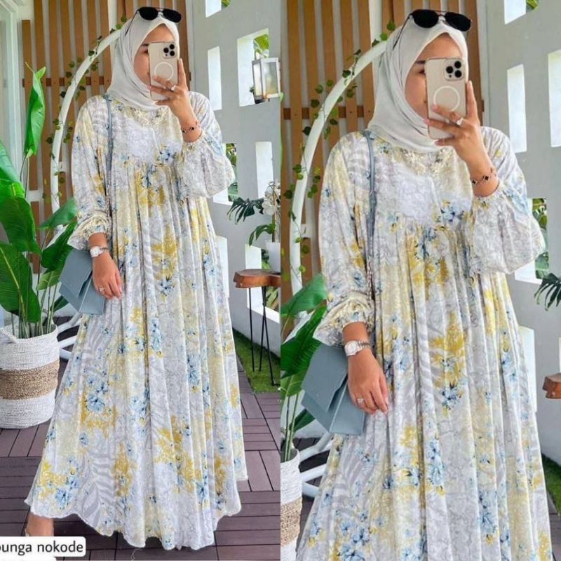 Gamis Dress Motif Bunga Nokode Pesta Mewah Elegan terbaru