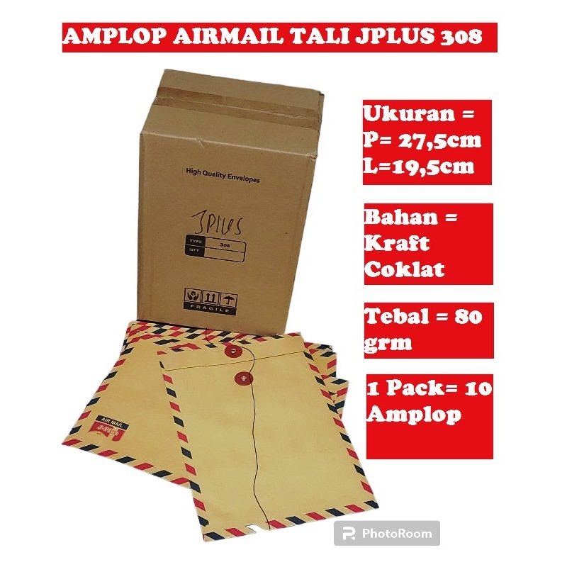 

Amplop Airmail Tali 308(Setengah Folio) JPLUS/Amplop Coklat Tali 308/Amplop Setengah Folio Kancing/1 Pack Amplop Coklat Tali isi 10