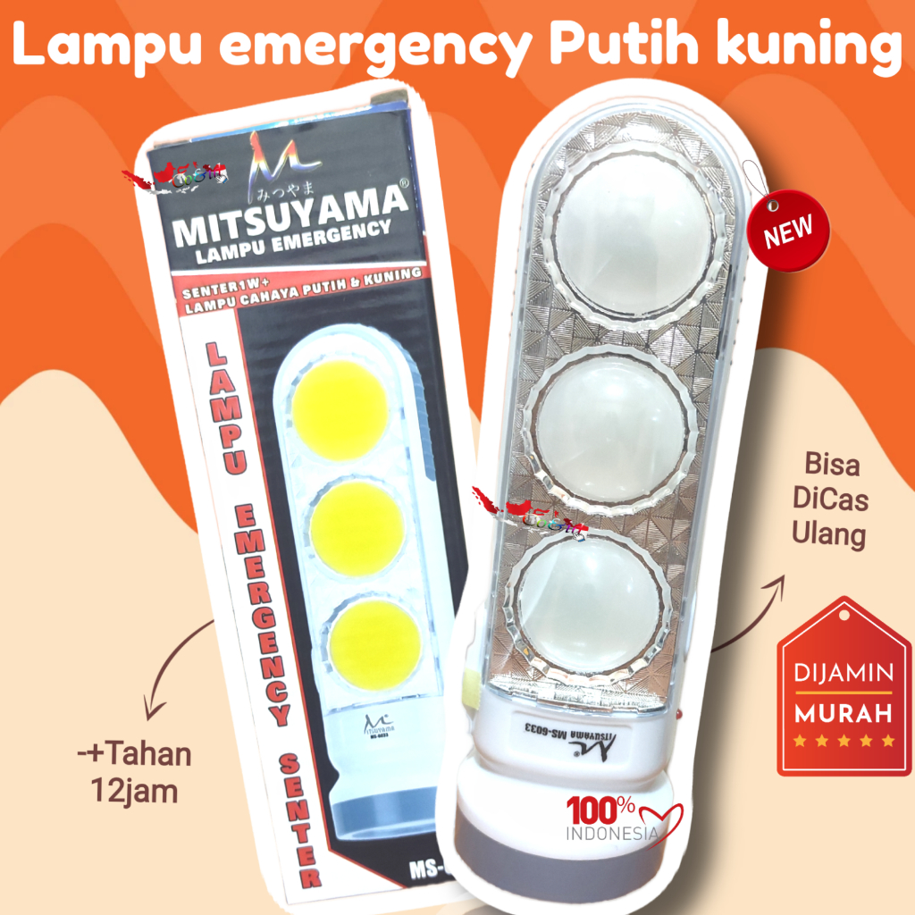 Lampu Emergency 18 LED Cas Ulang + Senter 5Watt Mitsuyama Emergency Serbaguna 2 Tampilan Bergaransi