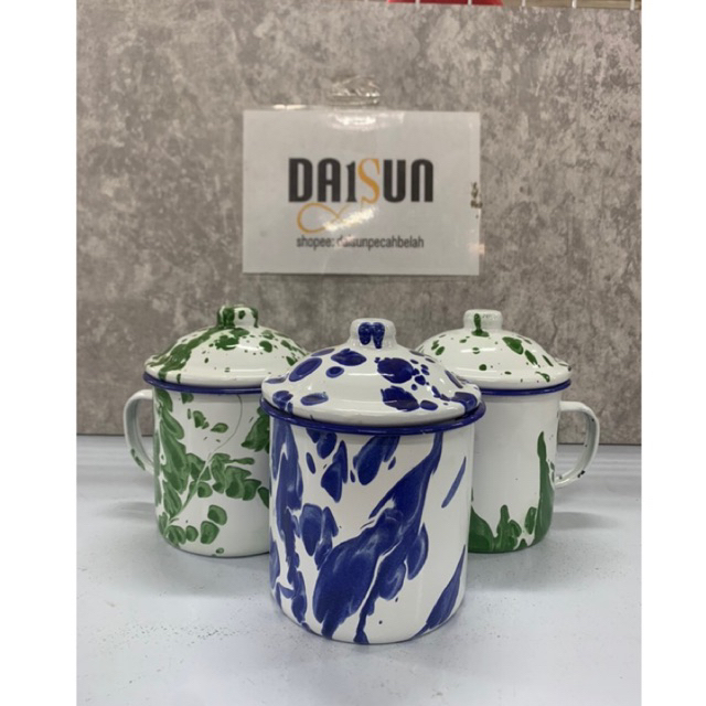 MUG ENAMEL LURIK+TUTUP/CANGKIR KOPI MURAH DS2564
