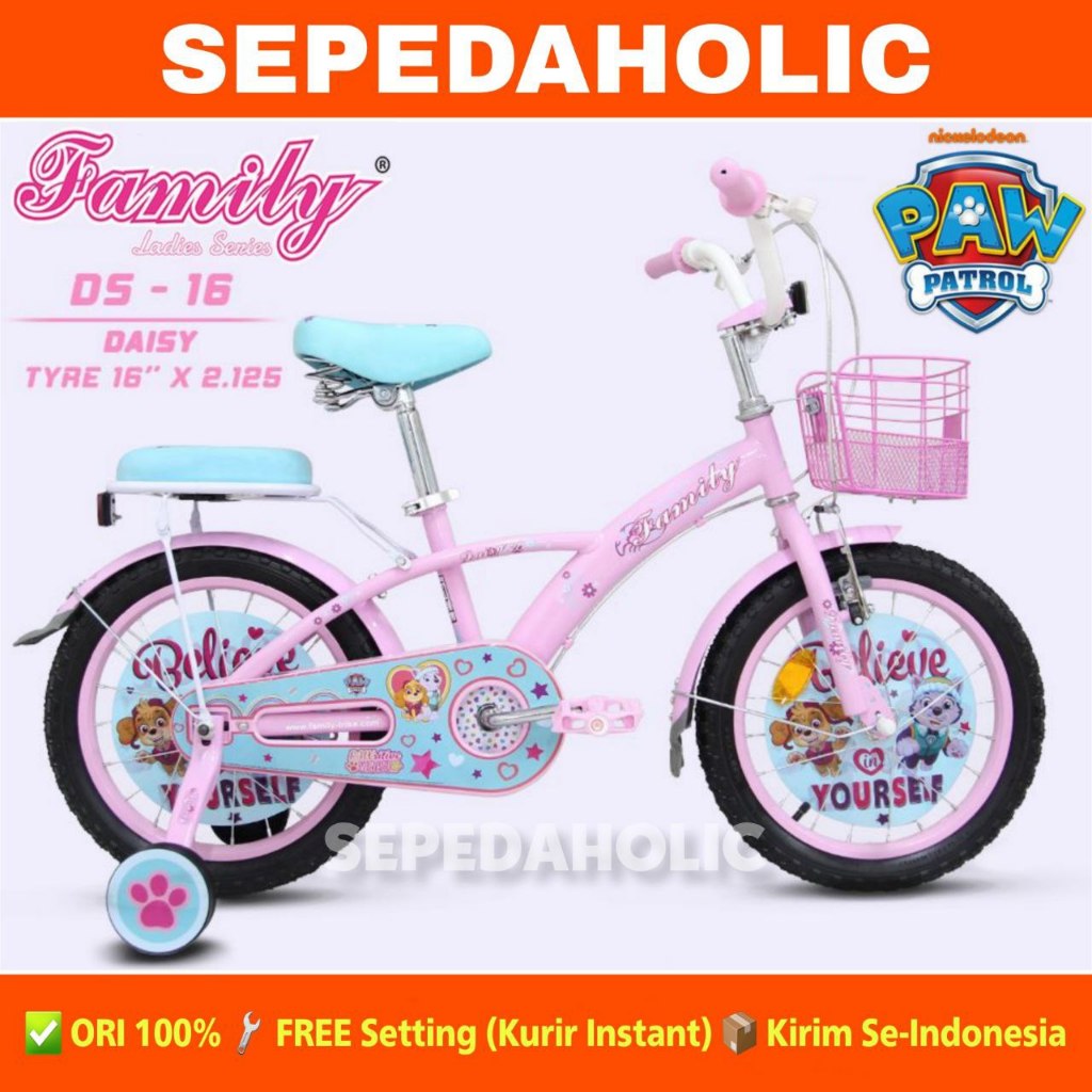 Sepeda Anak Perempuan FAMILY DAISY Ukuran 12 16 20 Inch Keranjang Usia 2-10 Tahun