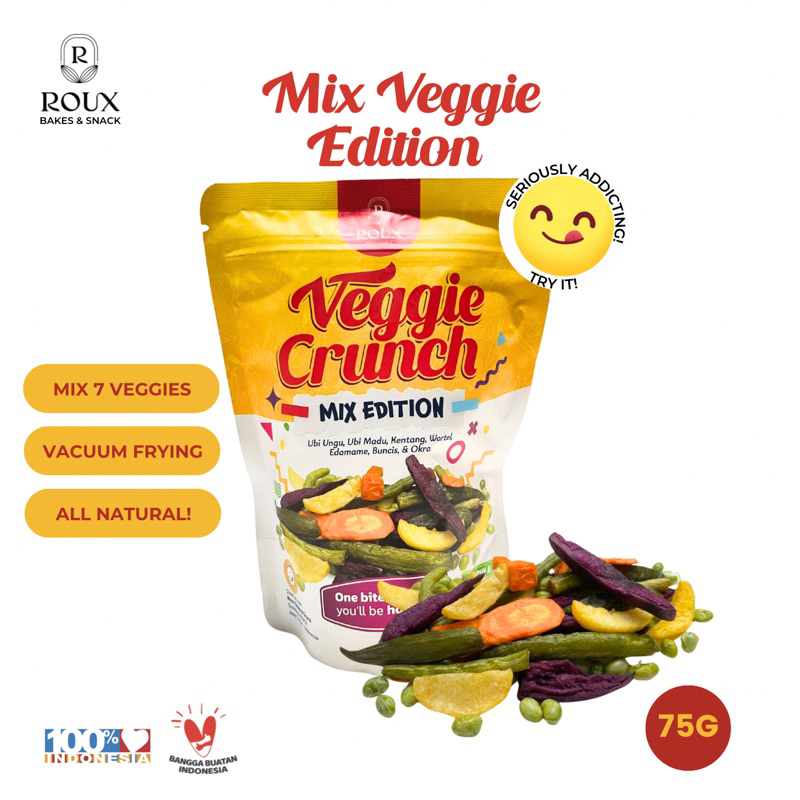 

ROUX VEGGIE CRUNCH MIX VEGGIE EDITION SAYUR KERIPIK SNACK OKRA BUNCIS WORTEL EDAMAME KENTANG UBI MADU UNGU ENAK RENYAH SEHAT HEALTHY