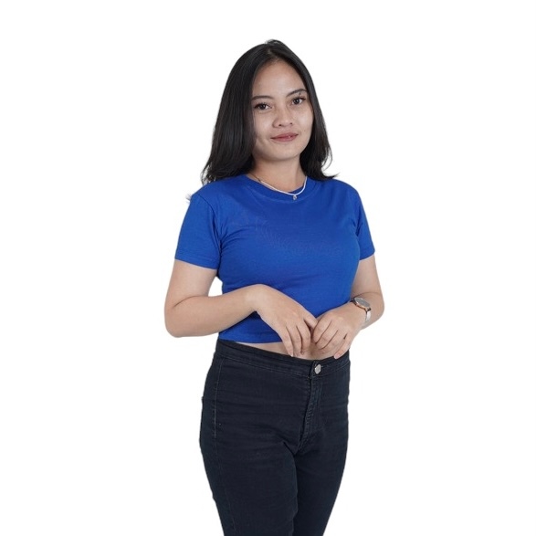 Baju Crop Top Wanita Biru Elektrik Best / Kaos Crop Tee Kerah O Neck Bahan Cotton Combad 24's Premiu