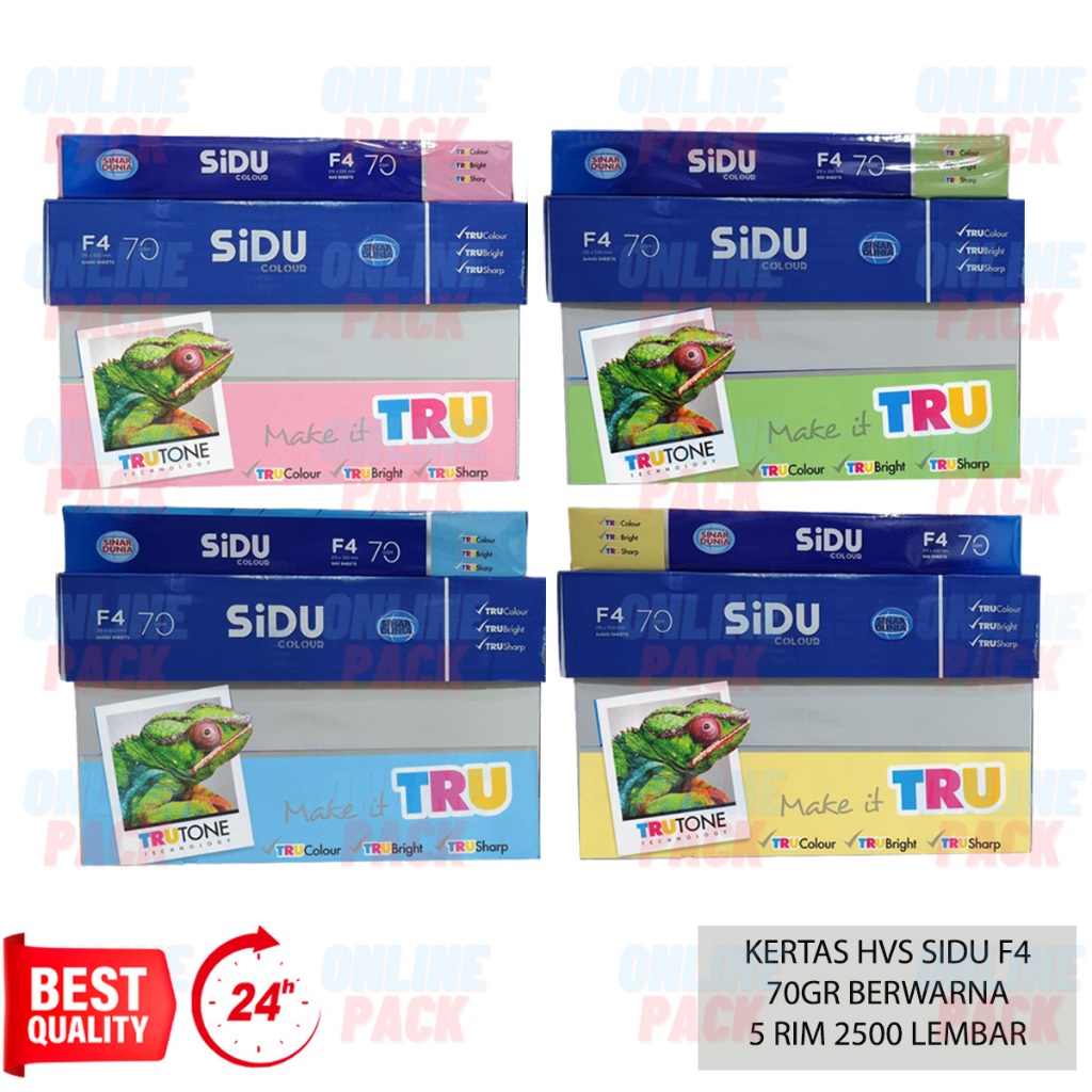 

KERTAS HVS SIDU F4 FOLIO 70GR BERWARNA PINK HIJAU KUNING BIRU 70 GSM GRAM 1 KARTON BOX 5 RIM 2500 LEMBAR COLOUR TRU CERAH TAJAM COPY LASER FAX INKJET