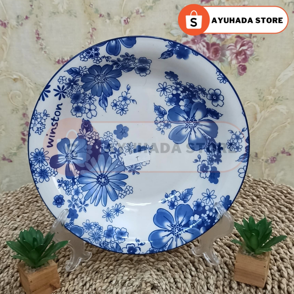 PIRING MAKAN KERAMIK PUTIH BIRU - PIRING PORSELEN MOTIF BUNGA | AYUHADA STORE