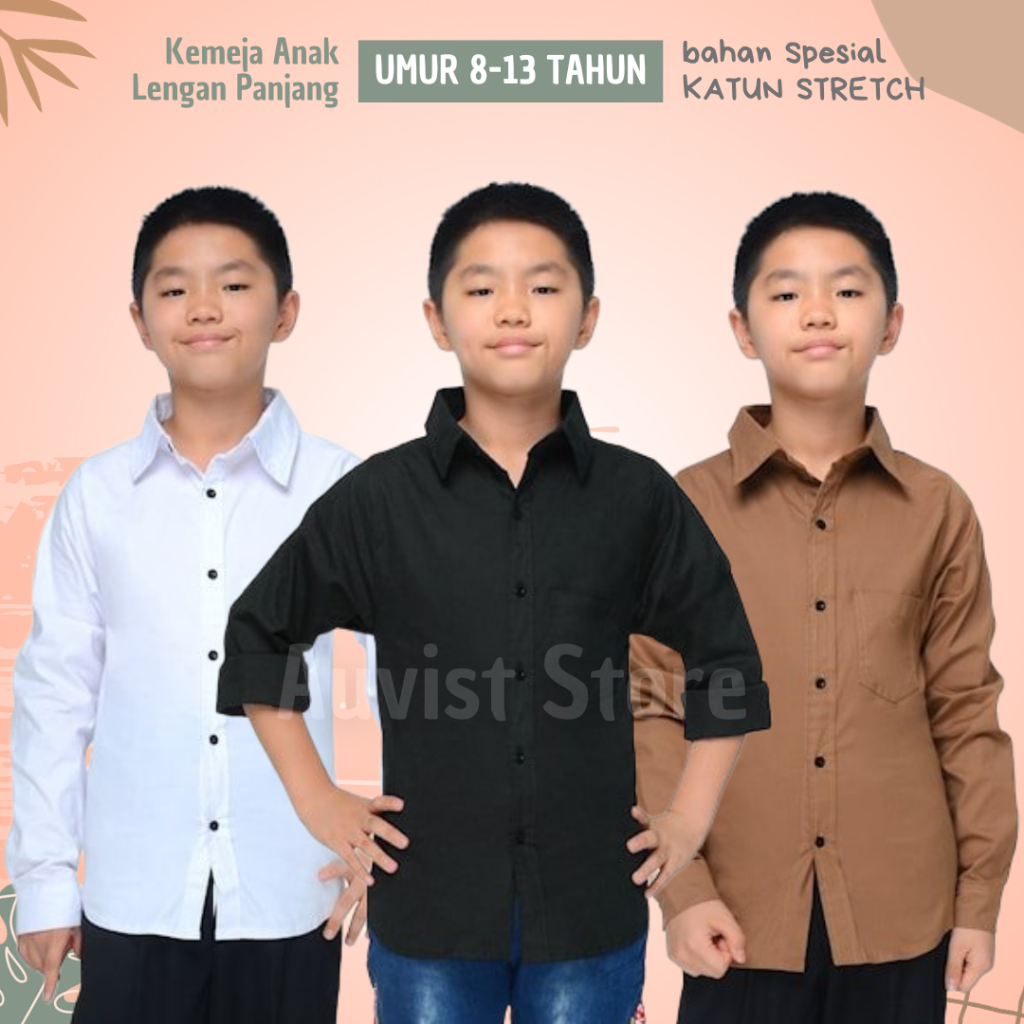 Kemeja Anak Laki Polos Lengan Panjang Formal Casual SD SMP Umur 8-13 Tahun Bahan Katun Stretch Elast