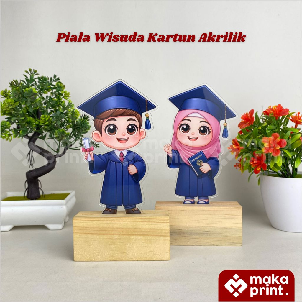 Piala Akrilik Wisuda (Kartun) Print UV Tatakan Kayu Free Stiker Nama - Plakat Wisuda Almamater Kampu
