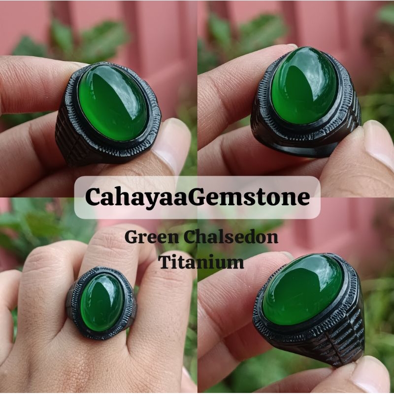 Cincin Ijo Garut Chalsedony Giwang | Natural Batu Akik Hijau Asli Alam | Ring Titanium Hitam