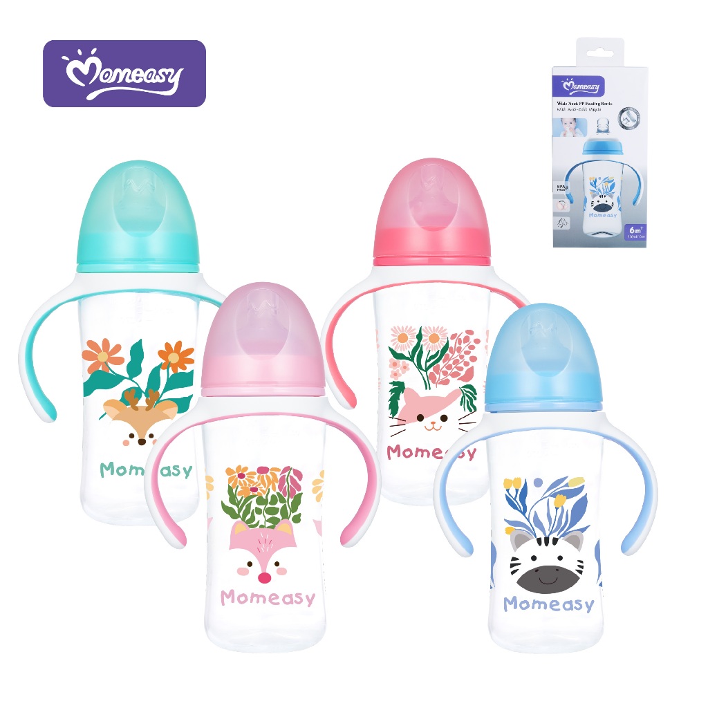 Botol Susu Bayi Wide Neck Gepeng Plus Natural MomEasy Pegangan 210ml 300ml / Dot Bayi Gepeng Wide Ne