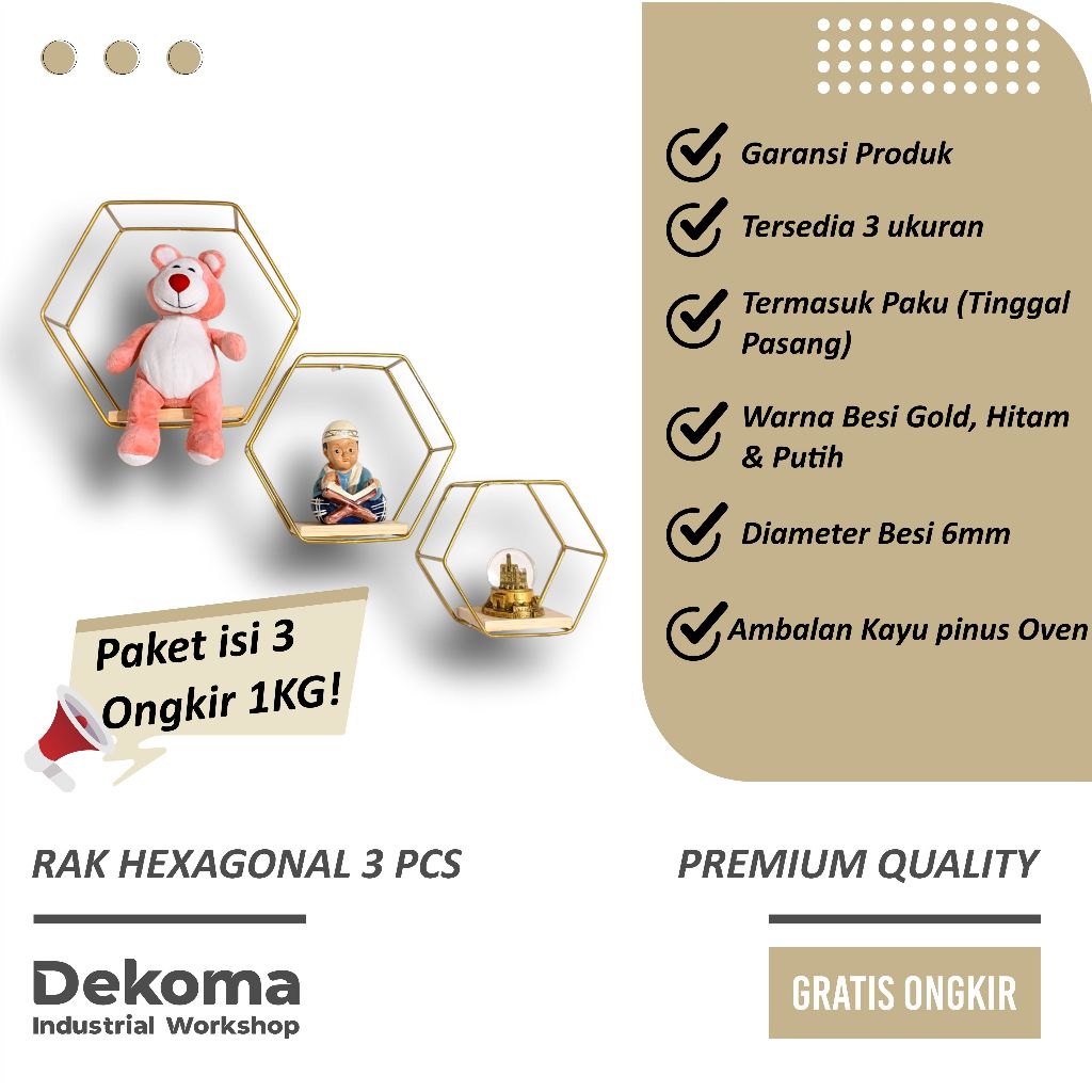 Rak Hiasan Dinding Hexagonal 3 Dimensi 1 Set Isi 3 Pcs Minimalis Bahan Besi