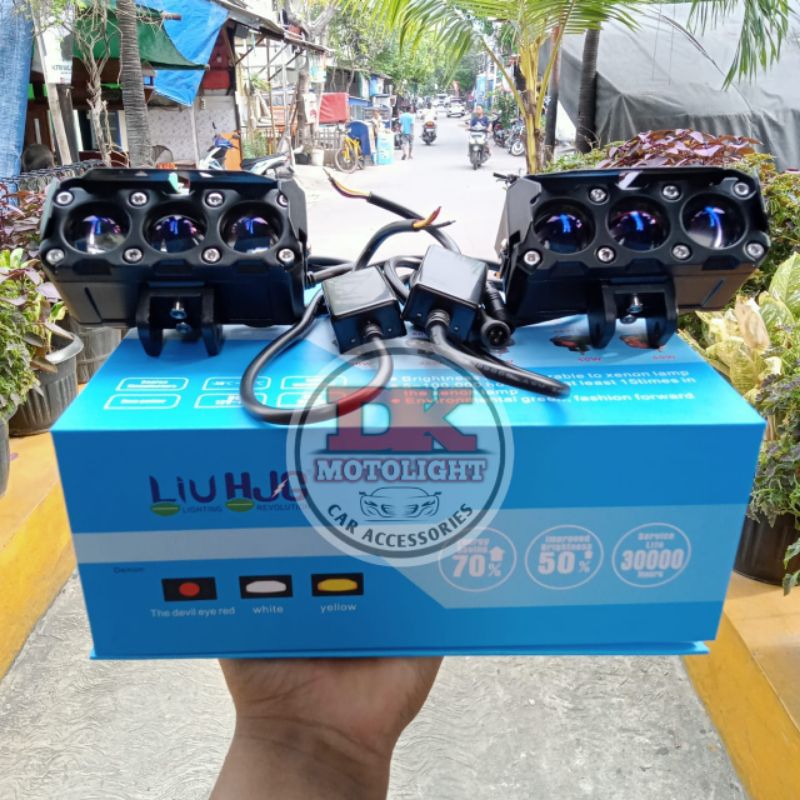Lampu Sorot Laser SQL HJG 3 Mata Blue Lens | LED Putih Kuning Fokus Tembus Kabut Motor Mobil Terang
