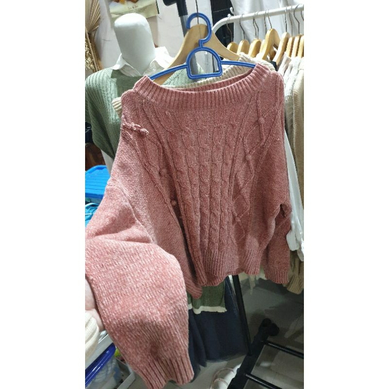 sweater velvet crop balon - sweater rajut velvet - sweater crop lengan balon - sweater rajut pink