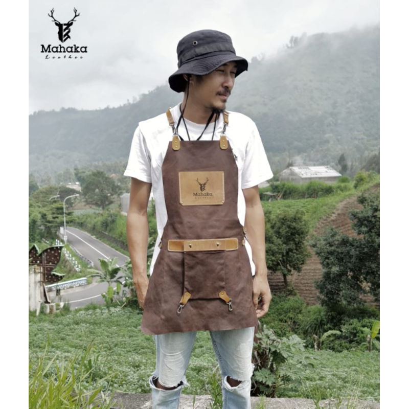 clemek / Apron Full Kulit sapi asli custom nama & Logo - crazy horse soft / Apron bartender / Apron 